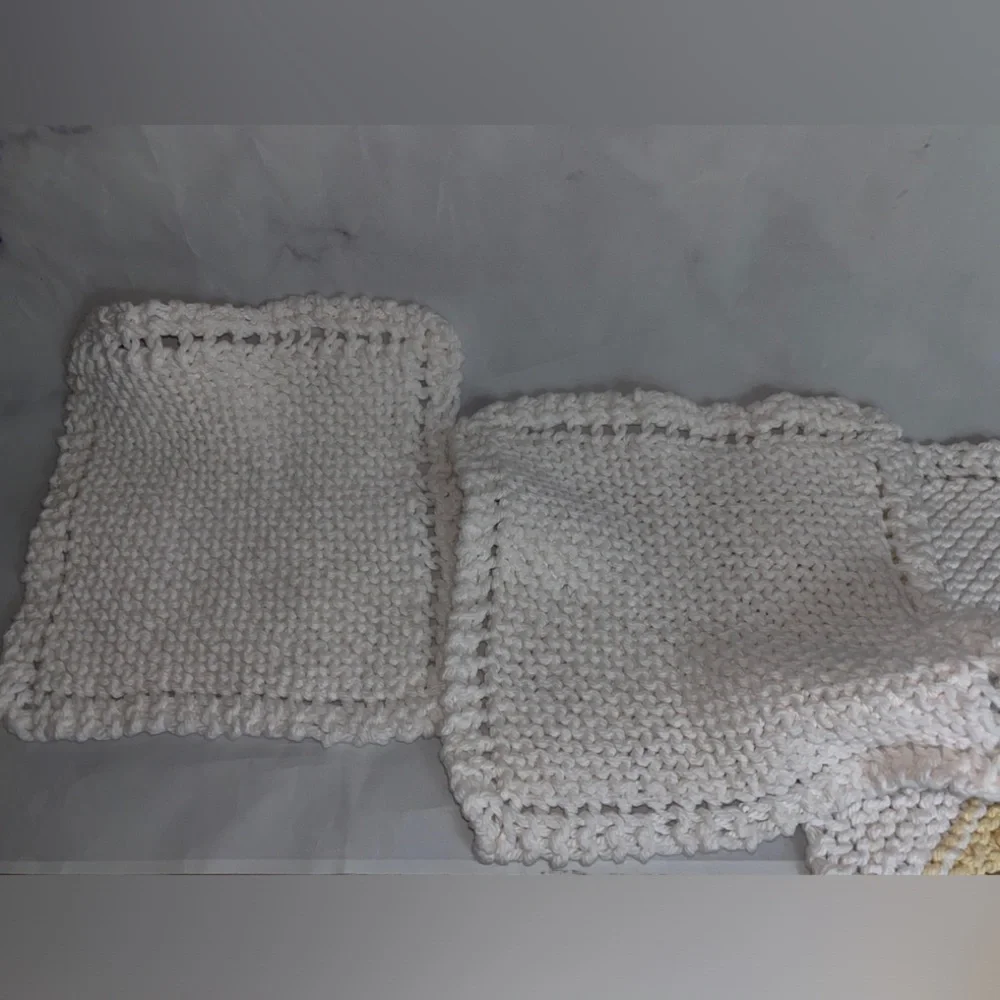 3 Vintage Hand Knit Washcloths Dish Rag ⚡️